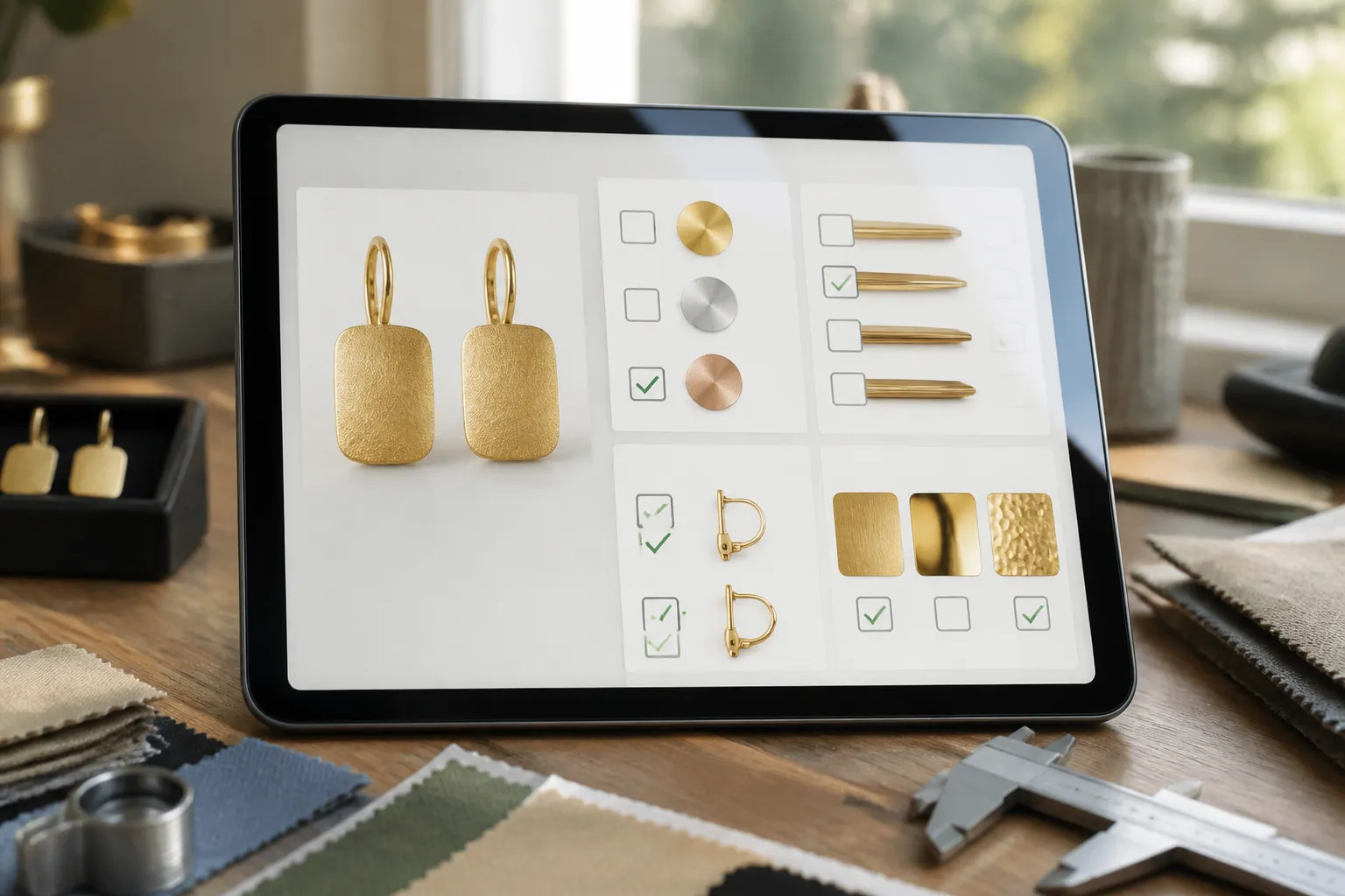 طبلة ذهب - Annotated product mockup showing a quality control checklist for طبلة ذهب earrings displayed on a tablet screen, with checkboxes for metal type, plating thickness, closure system, and finish, soft daylight from a window reflecting on the screen, desk with fabric swatches and measurement tools visible in background