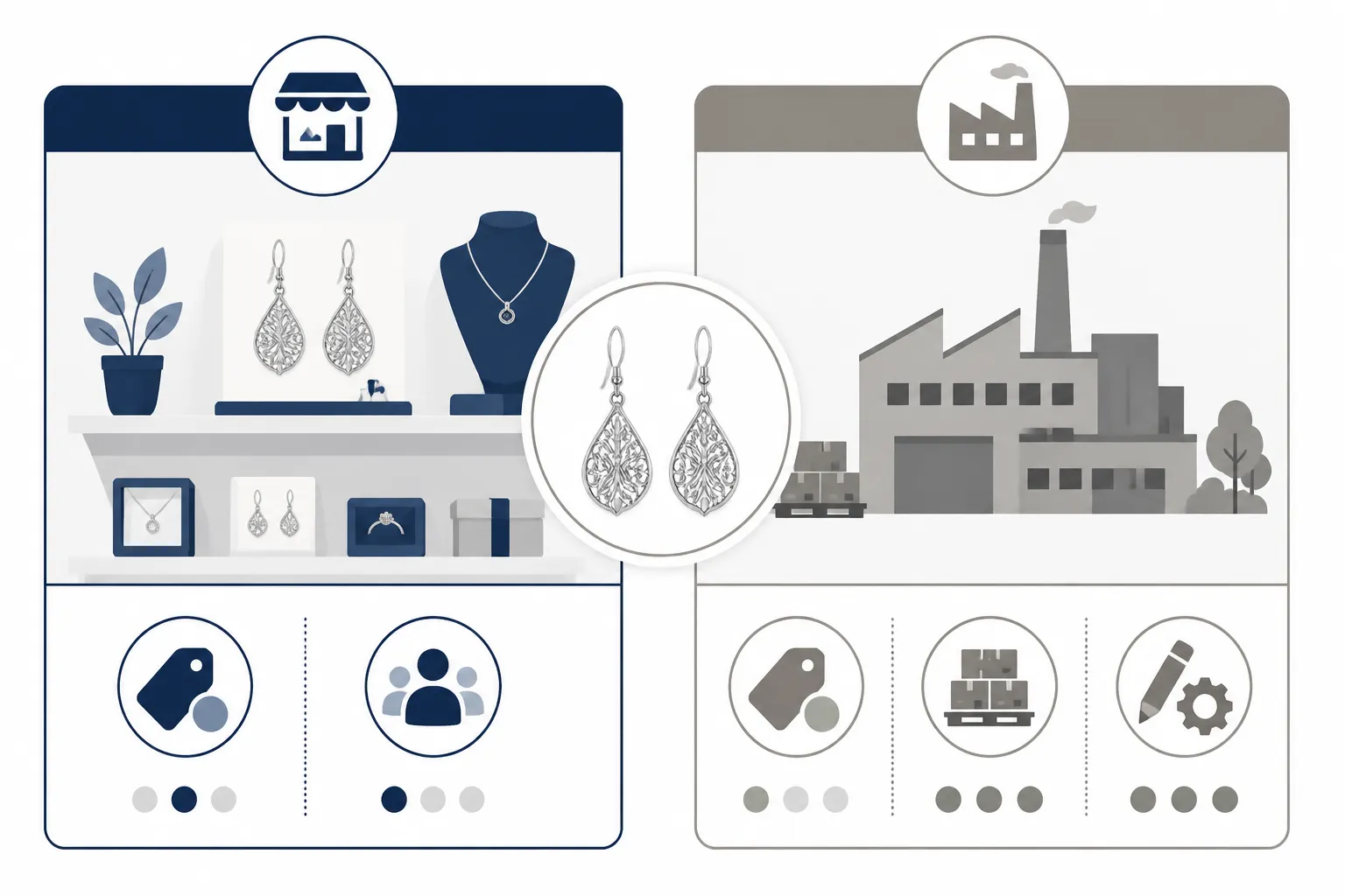 ohrringe silber hängend - Infografik-Vergleichsdiagramm: B2C-Retail-Marken vs. OEM-Direkthersteller für silberne Hängeohrringe – visualisiert Preisniveaus, MOQ-Anforderungen und Customization-Optionen auf einer Achse