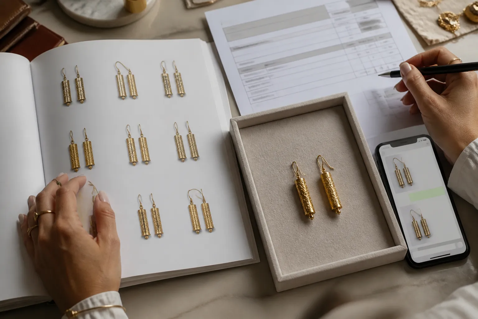 طبلة ذهب - Editorial top-down photo of a procurement workspace: an open Arabic-language jewelry catalog showing cylindrical gold earring designs, a printed purchase order form, a small fabric-lined tray with two gold drum earrings as product samples, a smartphone showing a supplier chat, natural window light, authentic professional environment