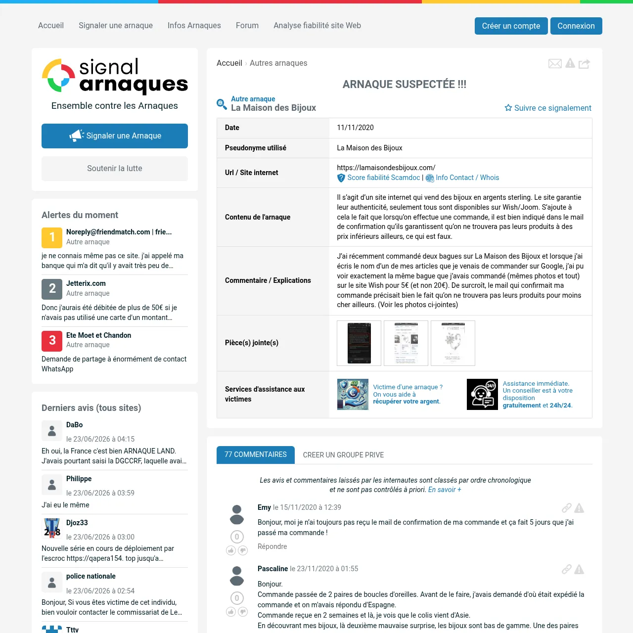 Signalement sur signal-arnaques.com