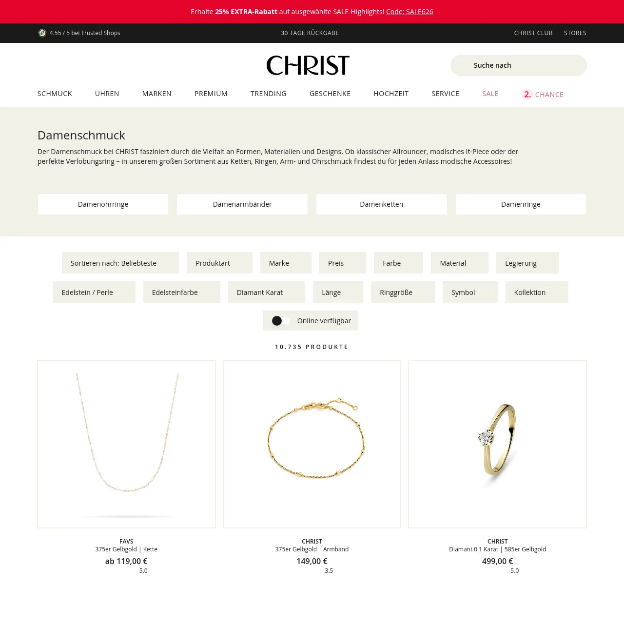 Damenschmuck-Kategorieseite von CHRIST.de