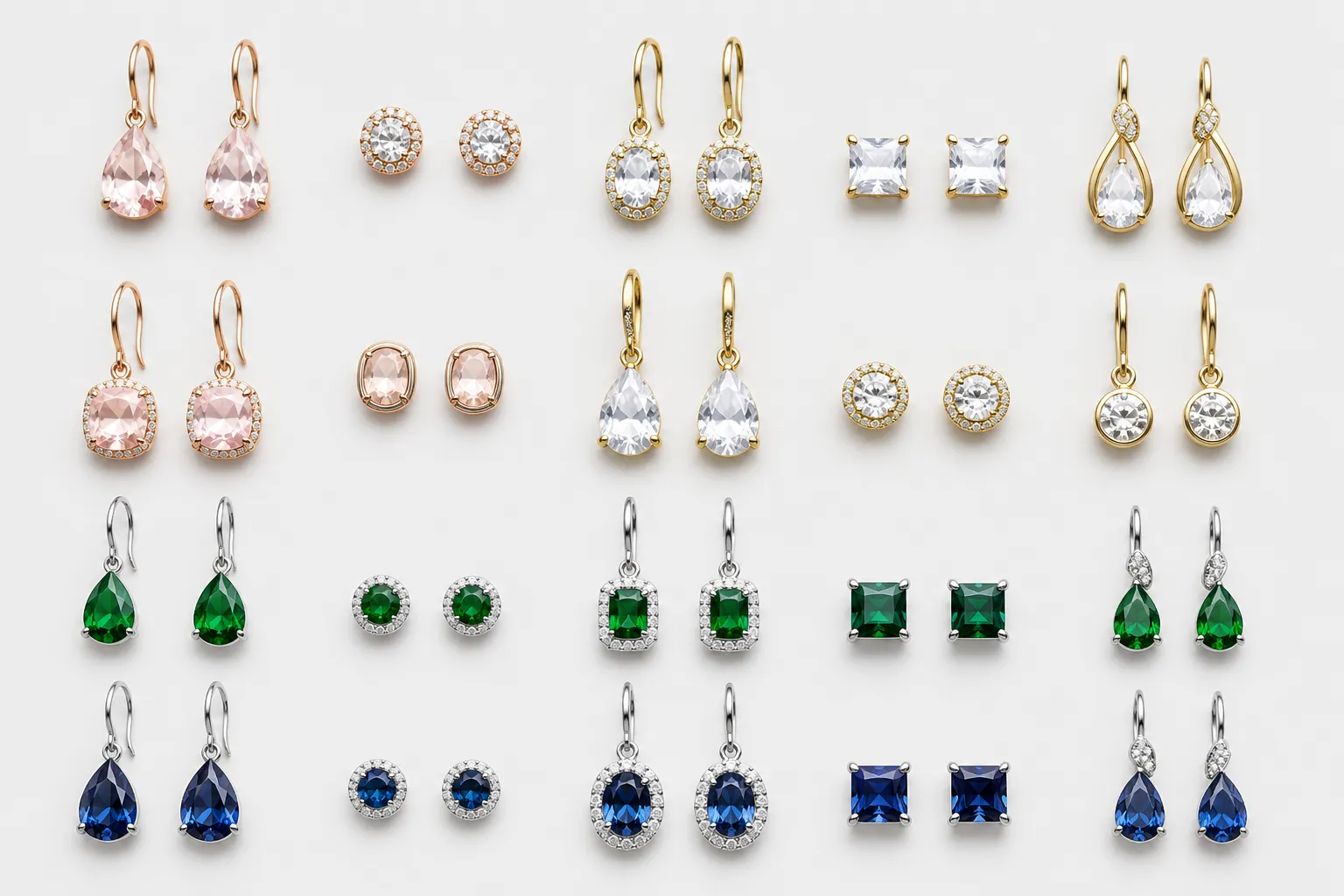 swarovski pendientes - Foto editorial de una colección de pendientes de gota y studs con cristales de diferentes colores y acabados, dispuestos sobre una superficie blanca con etiquetas de producto, simulando un lookbook de catálogo mayorista