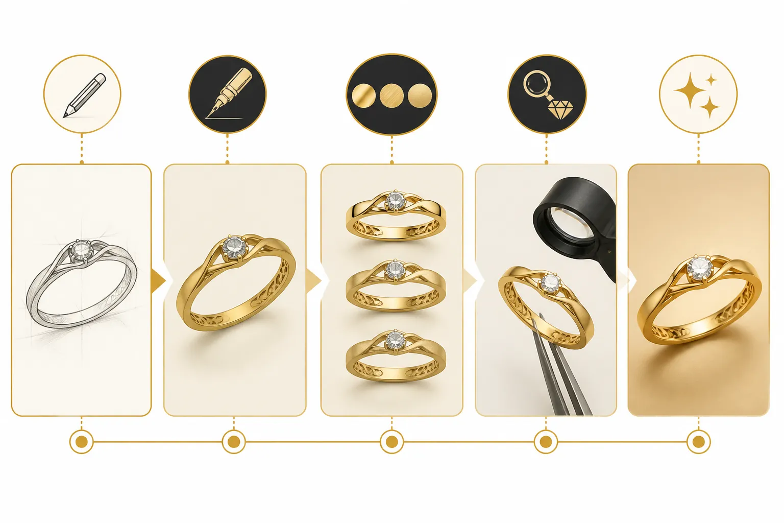 bague femme or - Diagramme annoté montrant le flux de personnalisation OEM d'une bague femme — de l'esquisse initiale au prototype, avec étapes de gravure, choix de finition et contrôle qualité en atelier