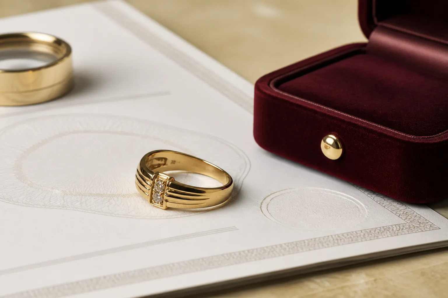 bague femme or - Photo éditoriale d'une bague femme en or 18 carats avec poinçon visible, posée sur un certificat d'authenticité et un écrin en velours — contexte d'achat joaillerie haut de gamme