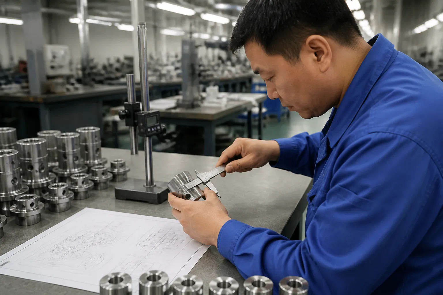 ANSI标准 - 逼真场景：中国制造工厂的质量检验员使用校准的测试设备，根据工作台上印制的ANSI规格表验证产品尺寸