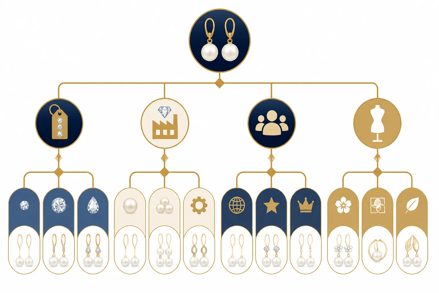 ohrringe perlen hängend - Infografik-Übersicht: Entscheidungsbaum für Schmuck-Einkäufer zur Wahl zwischen klassischen Perlenohrringen hängend und alternativen Stilen – mit Ästen für Preisniveau, OEM-Bedarf, Zielmarkt und Stilrichtung
