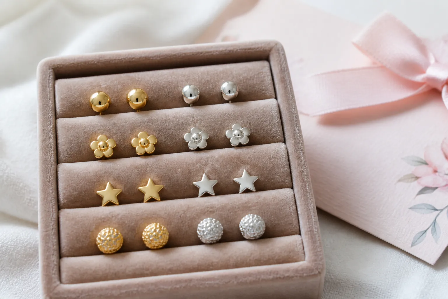 pendientes bebe - Primer plano de una bandeja de exposición con pendientes bebé de oro y plata en diferentes estilos — redondos, de flor y de estrella — junto a una tarjeta de regalo en tonos pastel