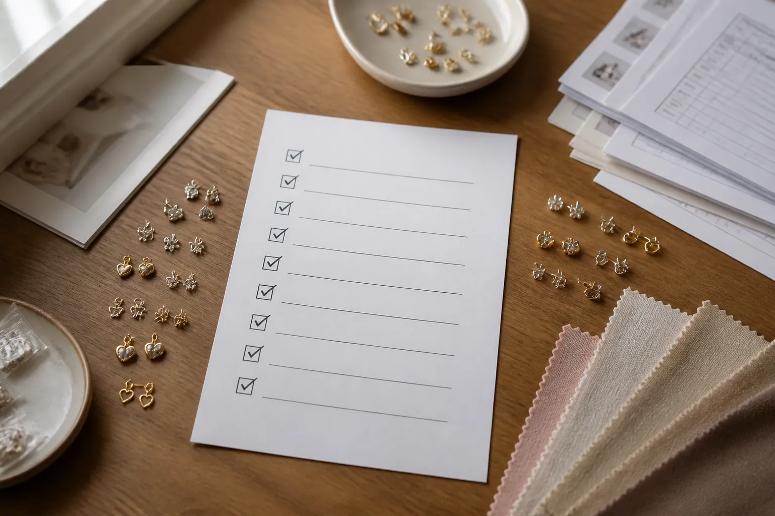 pendientes bebe - Checklist visual impreso con los 10 pasos del proceso de compra de pendientes bebé, con casillas marcadas, sobre una mesa de oficina junto a muestras de pendientes y documentos de proveedor
