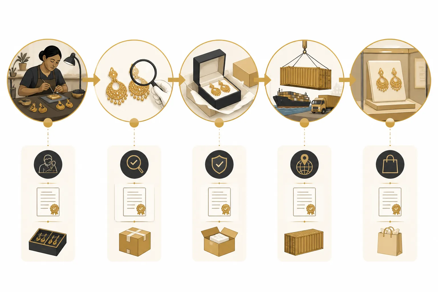 gold earrings for men - An annotated diagram showing the cross-border gold earring supply chain from Chinese workshop to MENA retail shelf, with callouts for QC checkpoints, hallmarking documentation, customs classification codes, and lead time stages