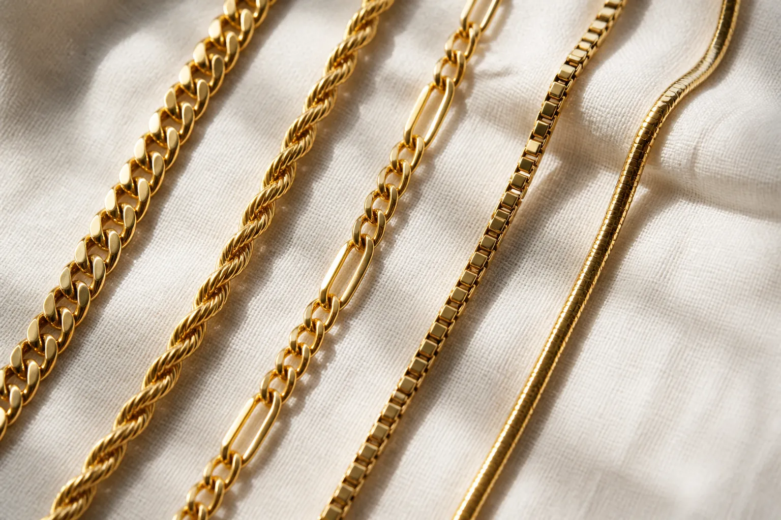 سلسلة ذهب - Photorealistic flat-lay of five gold chain necklaces of varying link styles — curb, rope, figaro, box, and snake — arranged in a fan pattern on white brushed-linen fabric, warm natural side lighting, close-up macro shot showing texture and surface finish details