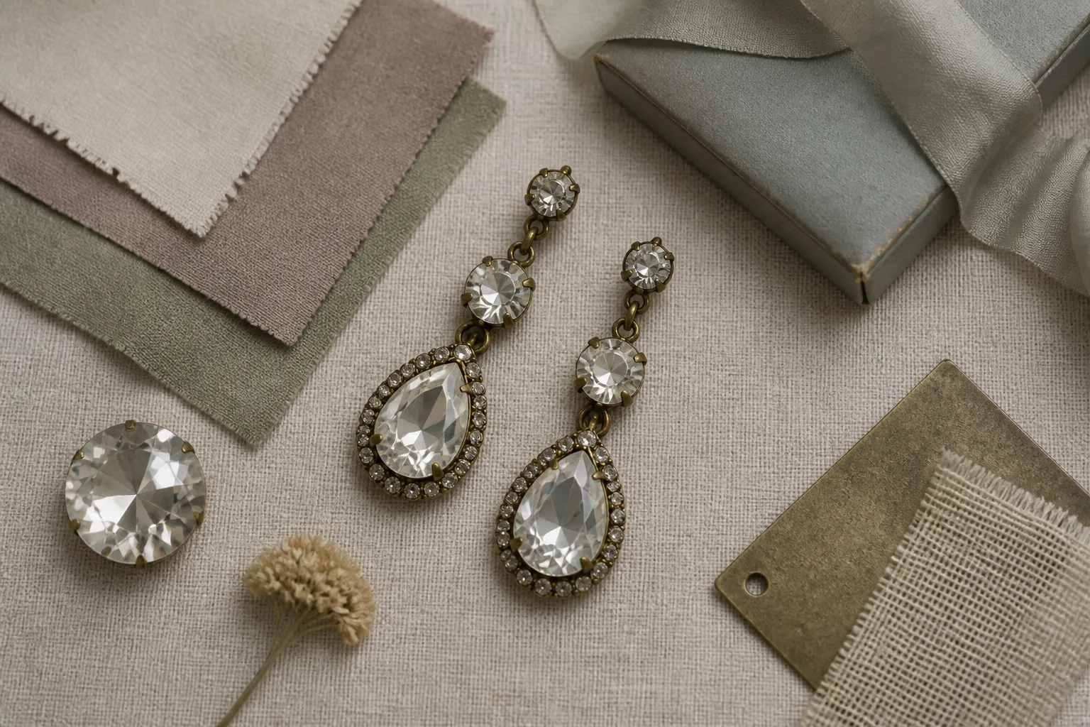 zahnstein schmuck - Annotiertes Produktfoto: Vintage-Rhinestone Drop Earrings von einem chinesischen OEM-Lieferanten – mit Labels für Materialqualität (Messing, nickelfrei), Kristallschliff, Verpackungsoptionen und MOQ-Angabe als Beispiel für B2B-Sourcing-Kriterien