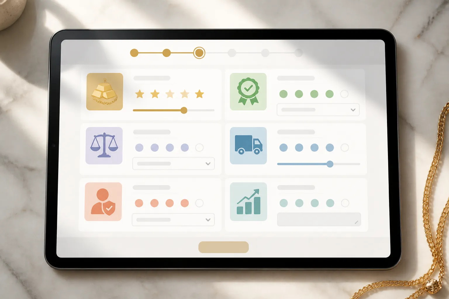 سلسلة ذهب - Annotated procurement checklist UI mockup displayed on a tablet screen, showing a supplier evaluation form for gold chain jewelry with six labeled sections — MOQ, Lead Time, Certifications, QC Process, Customization, and Sampling — clean interface with progress indicators, soft daylight background