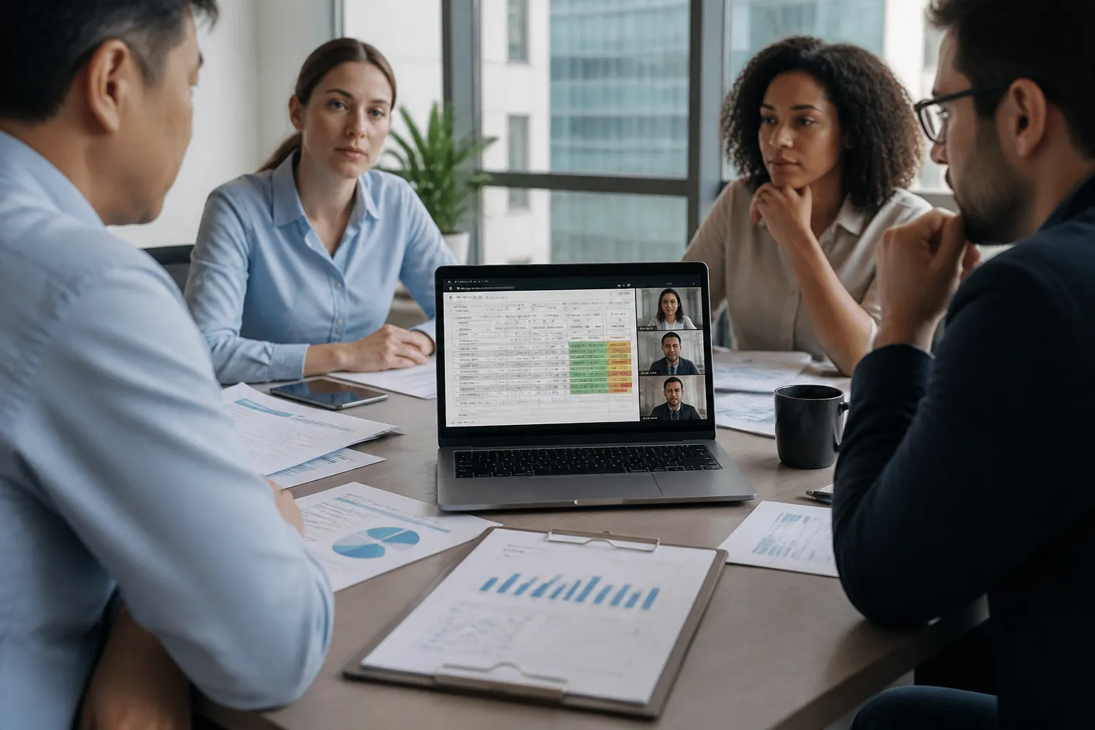 iso 9001 standards - An editorial photo of a procurement team conducting a supplier qualification video call, with a laptop screen showing a certification verification database and a printed supplier scorecard on the table