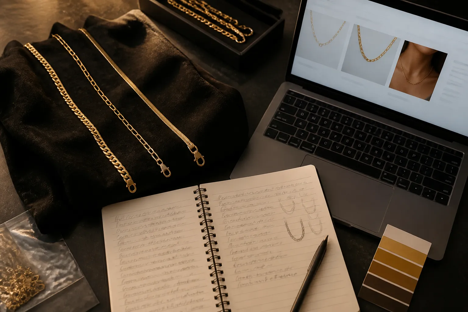 سلسلة ذهب - Top-down editorial photo of a jewelry sourcing workspace showing three gold chain necklace styles laid on dark velvet fabric, a spiral notebook open with product notes in pen, a laptop showing a Shopify product page, and a small color-swatch card for gold tones, warm side lighting, authentic working environment