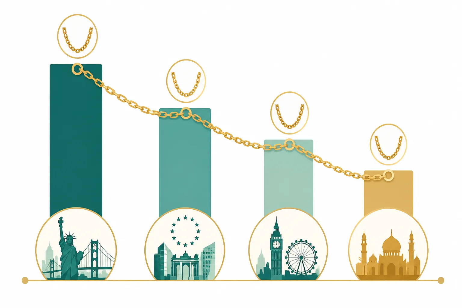 سلسلة ذهب - Clean flat-design infographic showing gold chain jewelry market demand across four regions — USA, EU, UK, MENA — with simple bar chart segments per region, labeled icons for each market, teal and gold color palette, white background, no decorative elements