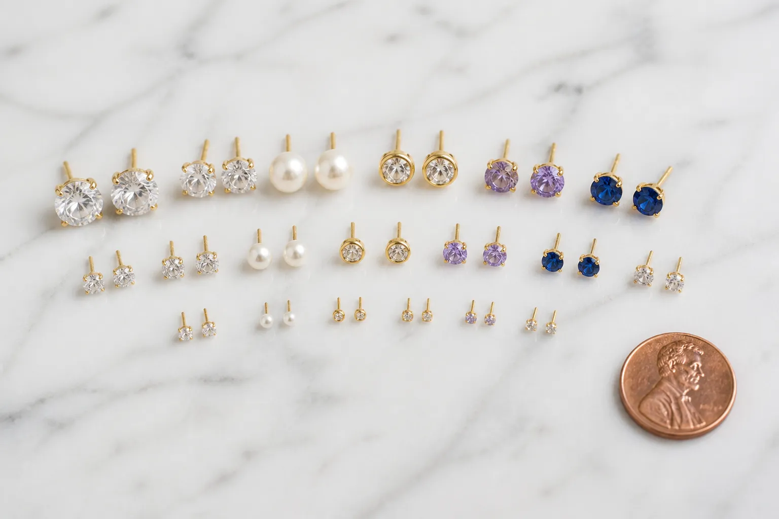 14k gold stud earrings - Flat-lay editorial photo of assorted 14k gold stud earrings on a white marble surface — diamond studs, pearl studs, and gemstone styles arranged by size, with a U.S. penny for scale reference