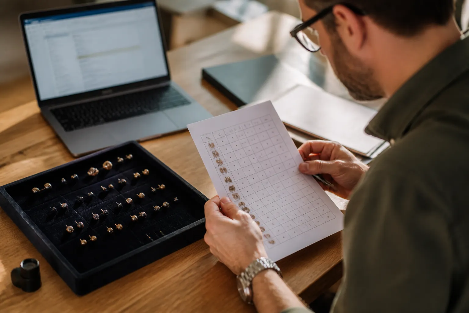 14k gold stud earrings - Step-by-step photorealistic scene of a U.S. jewelry buyer reviewing a pre-shipment quality inspection report alongside a tray of 14k gold stud earring samples, with a laptop showing a supplier communication thread — illustrating the procurement evaluation process