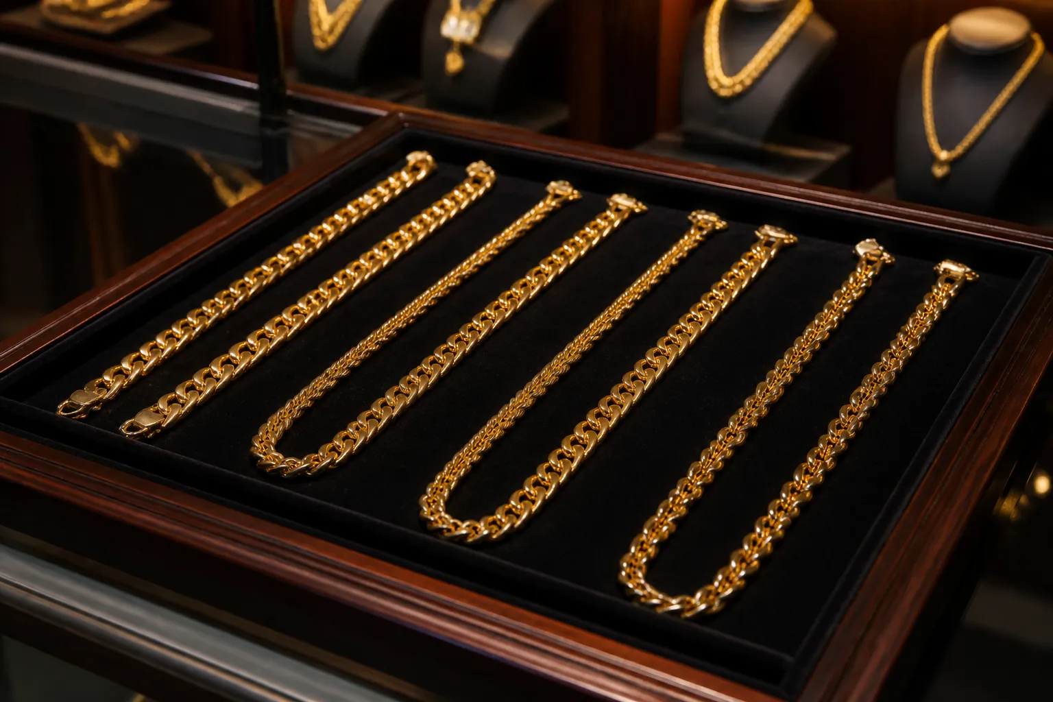 chaine en or homme - Vitrine de bijouterie traditionnelle présentant des chaînes en or homme 18 carats sur présentoir velours noir, ambiance boutique de luxe accessible