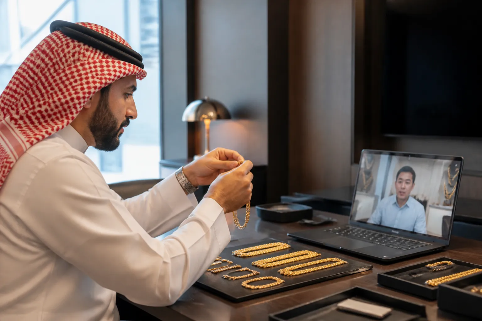 سلسله ذهب - صورة اجتماع تجاري افتراضي بين مشترٍ عربي ومورد صيني عبر تطبيق مؤتمرات — يُجسّد عملية التفاوض والاستفسار عن مواصفات سلاسل الذهب