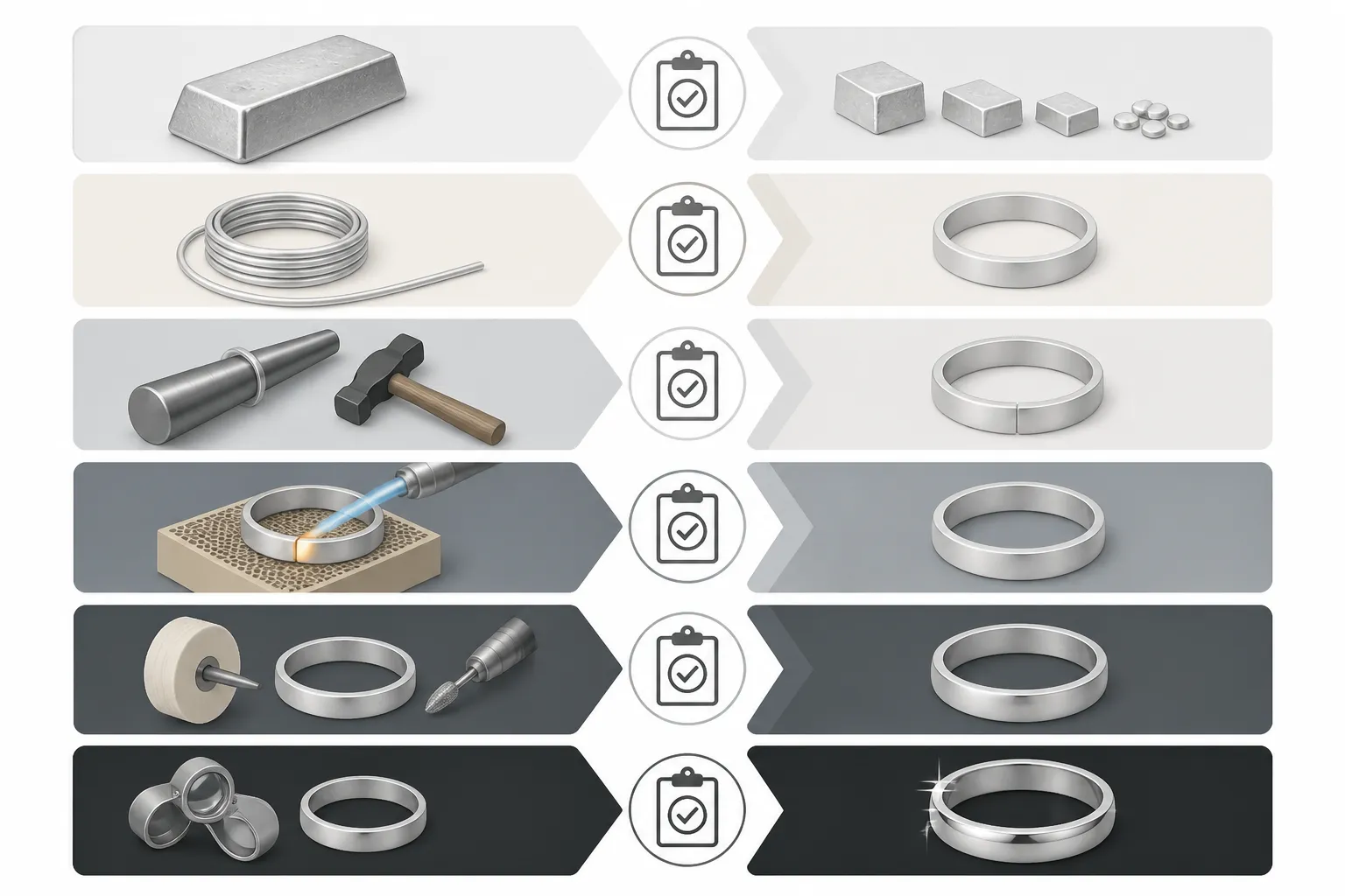 anillos plata - Diagrama anotado del proceso de control de calidad en la fabricación de anillos plata: etapas de inspección desde materia prima hasta producto terminado, con puntos de verificación marcados en cada fase del flujo productivo
