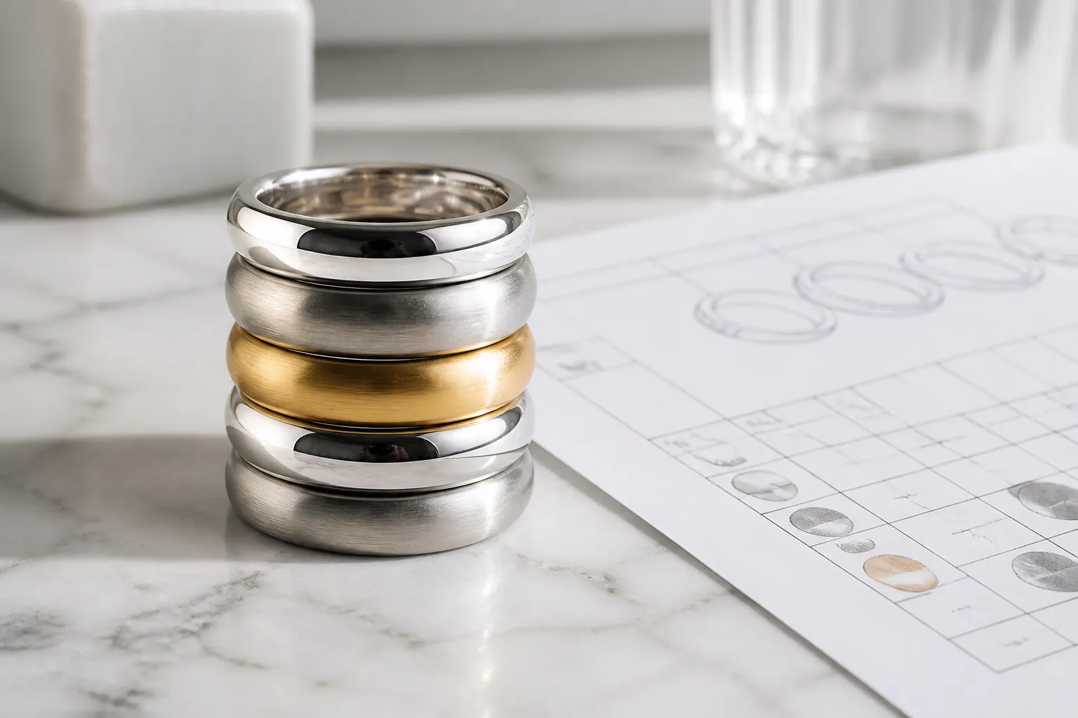 anillos plata - Fotografía de producto editorial que muestra anillos plata apilados en diferentes acabados —pulido, mate y bañado en oro— junto a una tabla de especificaciones técnicas con datos de aleación, peso y talla, representando la información que un comprador B2B debería recibir de su proveedor