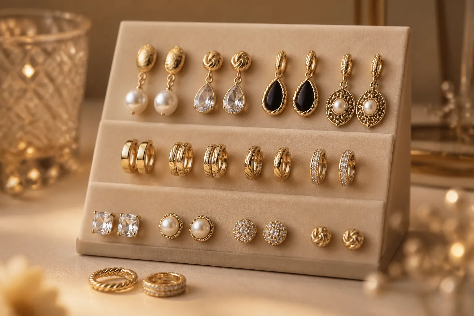 titan ohrringe - Editoriales Produktfoto einer Kollektion vergoldeter Tropfen-Ohrringe, Creolen und Stecker-Ohrringe in verschiedenen Vintage- und Kristallstilen auf einem Schmuckdisplay — repräsentativ für OEM-Modeschmuck-Kollektionen