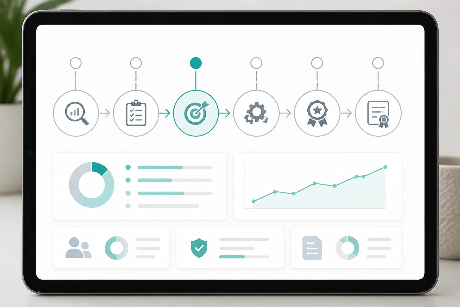 asme standards - Annotated process-flow UI mockup on a tablet screen showing an ASME certification roadmap with six numbered milestone stages — gap analysis, QMS documentation, welder qualification, mock audit, ASME joint review, certificate issuance — each stage connected by horizontal arrows, progress bar at bottom showing stage 3 of 6 highlighted in teal, clean enterprise SaaS aesthetic