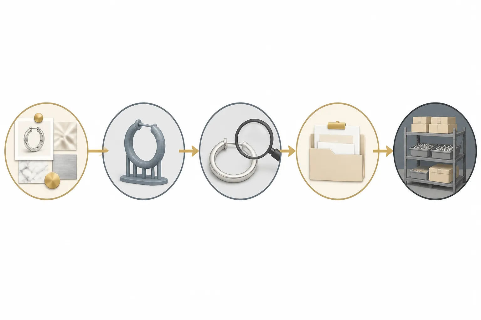 white gold hoop earrings - Annotated diagram showing a white gold hoop earring production timeline — from buyer's trend reference image through wax prototype, QC inspection, customs documentation, and warehouse arrival — with weeks labeled at each stage