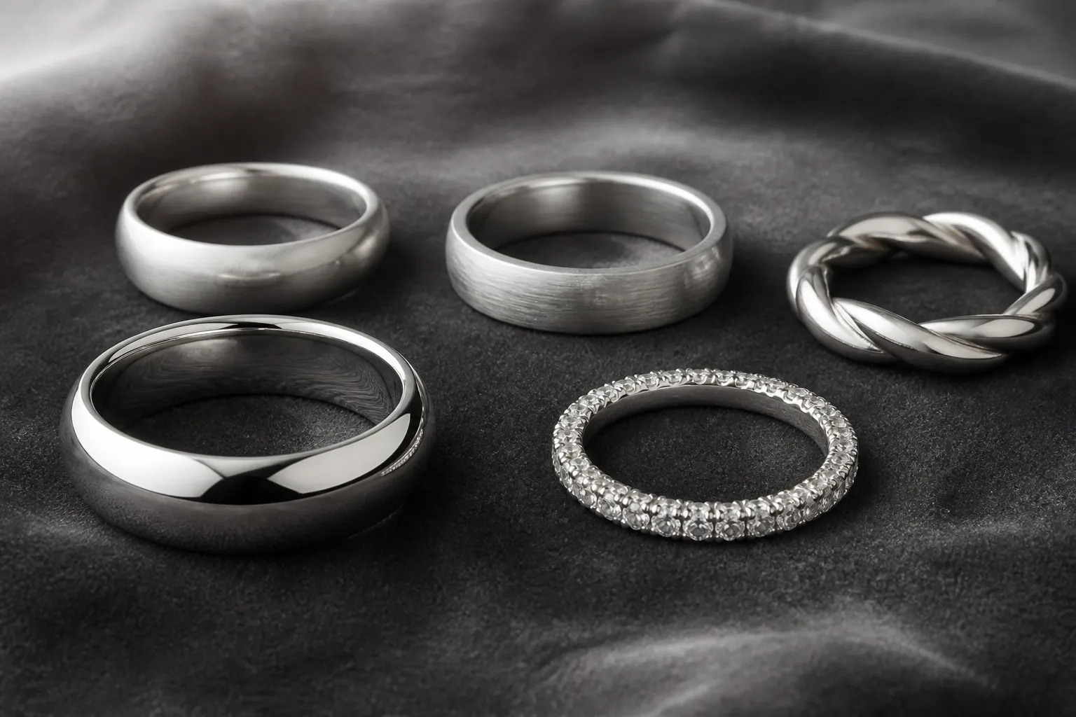 bague argent - Photographie éditoriale d'une collection de bagues argent 925 sterling posées sur velours gris, montrant la diversité des finitions : poli miroir, brossé mat, serti de pierre de zirconia