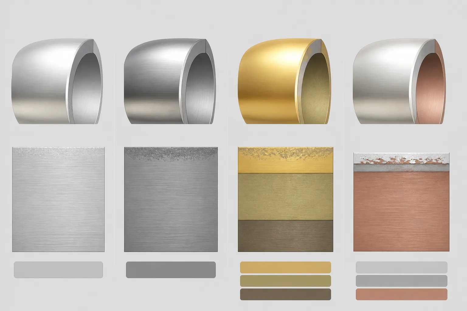 bague argent - Diagramme comparatif annoté montrant les coupes transversales de quatre types de bijoux (argent 925, acier 316L, laiton plaqué, argent plaqué) avec légendes indiquant l'épaisseur de chaque couche et les risques d'usure
