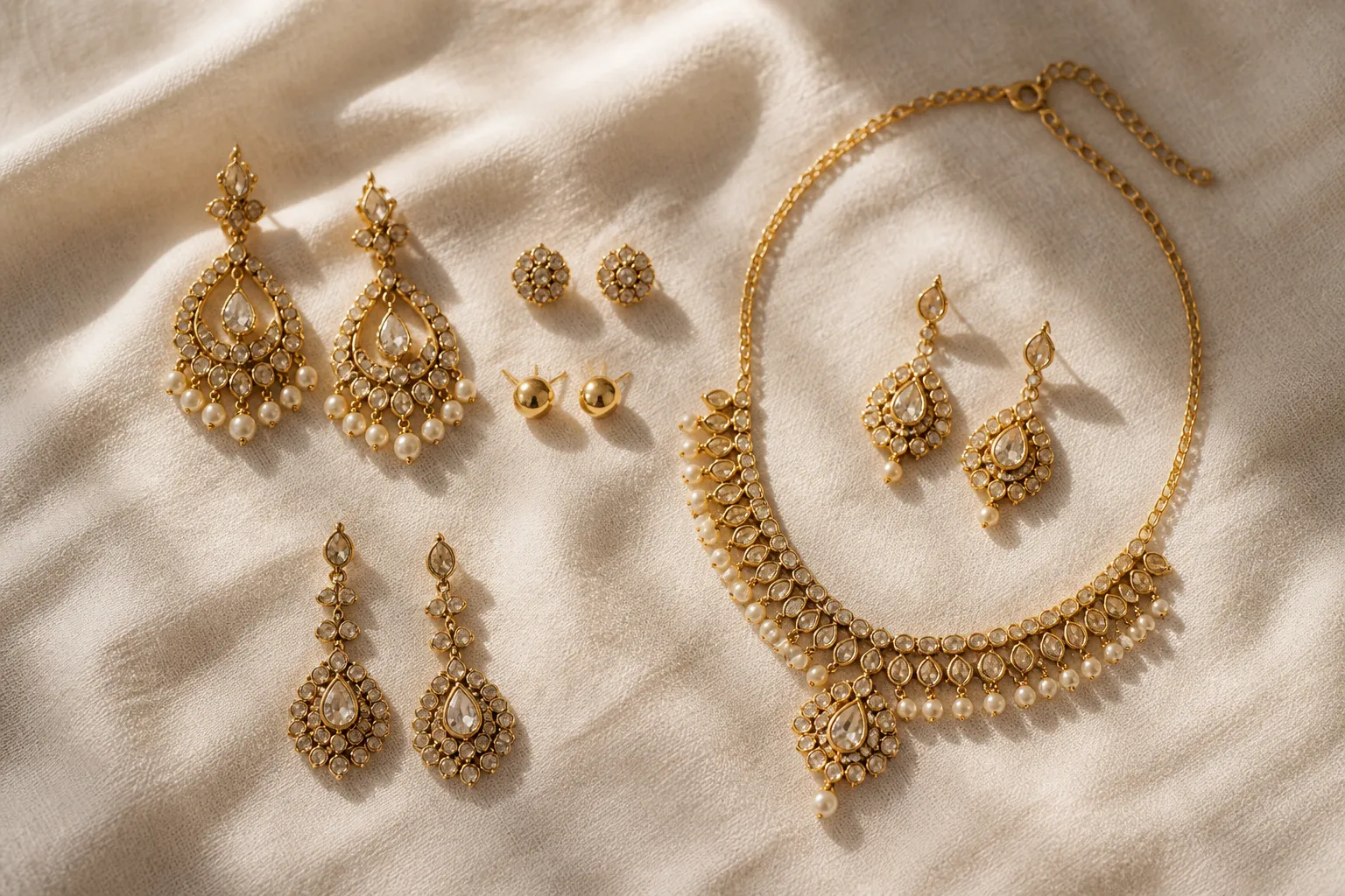 مجوهرات ارض الذهب - Photorealistic flat-lay photo of assorted gold-toned jewelry pieces — drop earrings, rhinestone stud earrings, and a necklace-earring set — arranged on a cream linen background with soft natural light from a side window, no text overlays, warm jewelry-store aesthetic