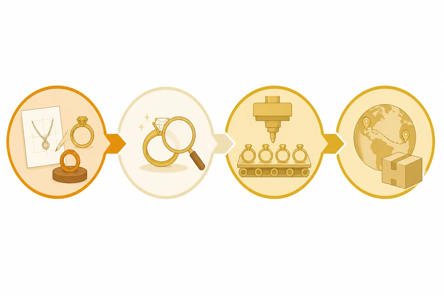 مجوهرات ارض الذهب - Clean flat-design infographic showing four stages of the jewelry procurement cycle — (1) Design & Sampling, (2) QC & Approval, (3) Production, (4) Shipping & Delivery — with distinct amber/cream/gold color zones, a simple icon representing each stage, white background, no photographic elements