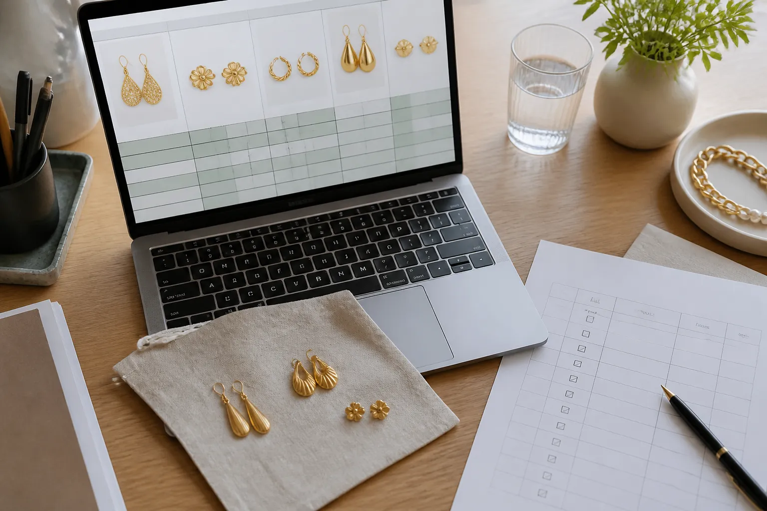مجوهرات ارض الذهب - Editorial top-down photo of a professional procurement workspace: an open laptop showing a supplier comparison spreadsheet with jewelry items listed by type and material, beside it a small sample bag containing gold-toned drop earrings and stud earrings, a printed checklist with visible checkbox marks, soft natural window light, no text in the image itself