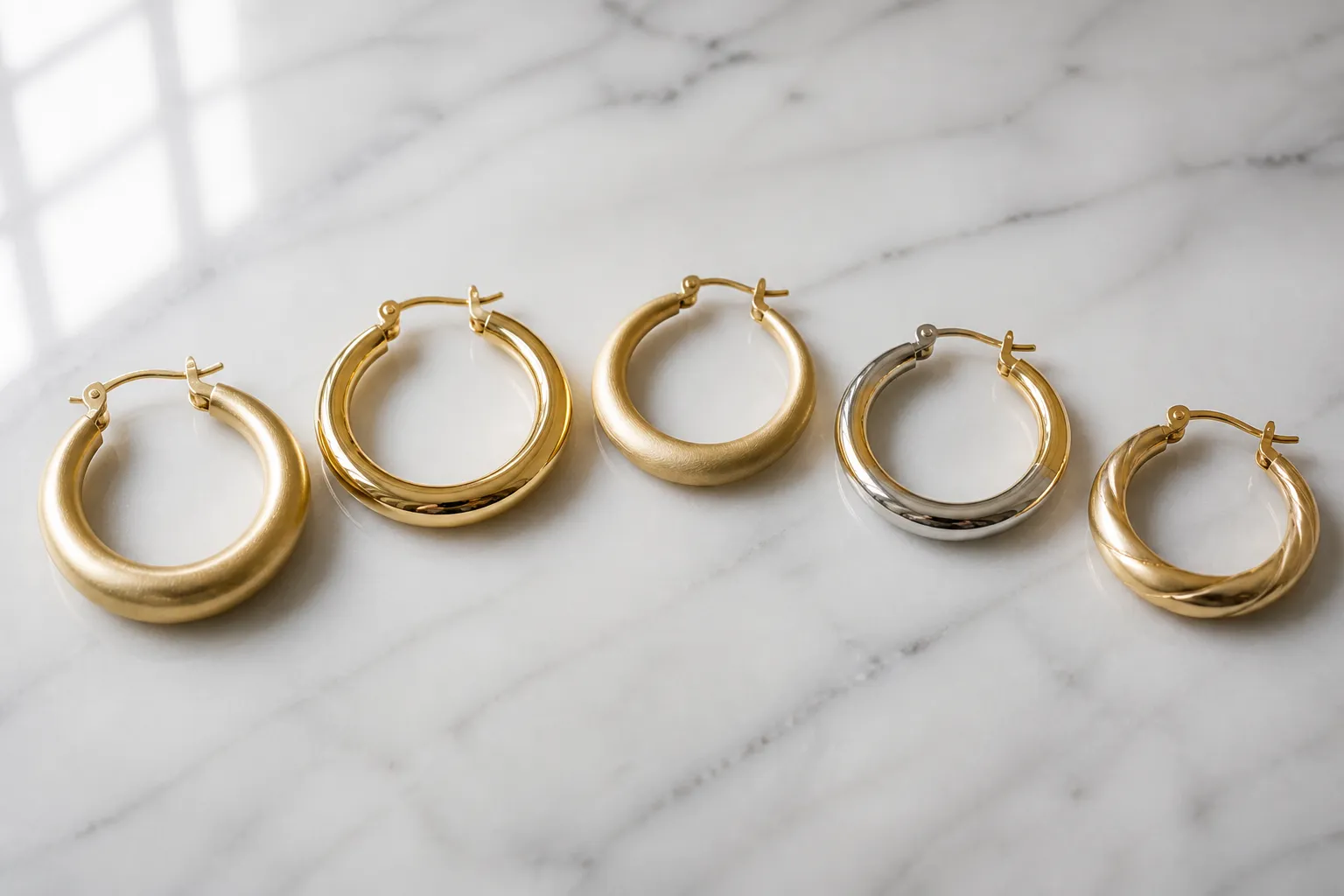 pendientes aro oro - Fotografía editorial de varios modelos de pendientes aro oro en diferentes grosores y acabados —mate, pulido y bicolor— dispuestos sobre superficie de mármol blanco con iluminación natural