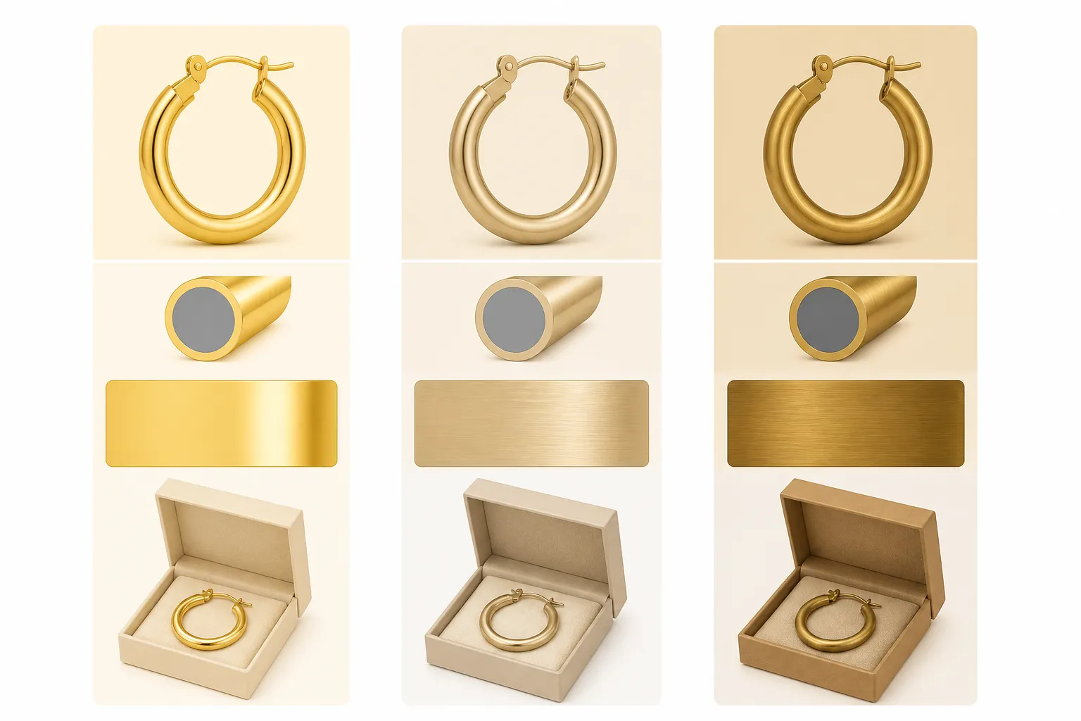 pendientes aro oro - Tabla visual comparativa de tres niveles de pendientes aro oro —fashion, semi-joya y joyería fina— mostrando diferencias en acabado, metal base y empaque, con etiquetas descriptivas