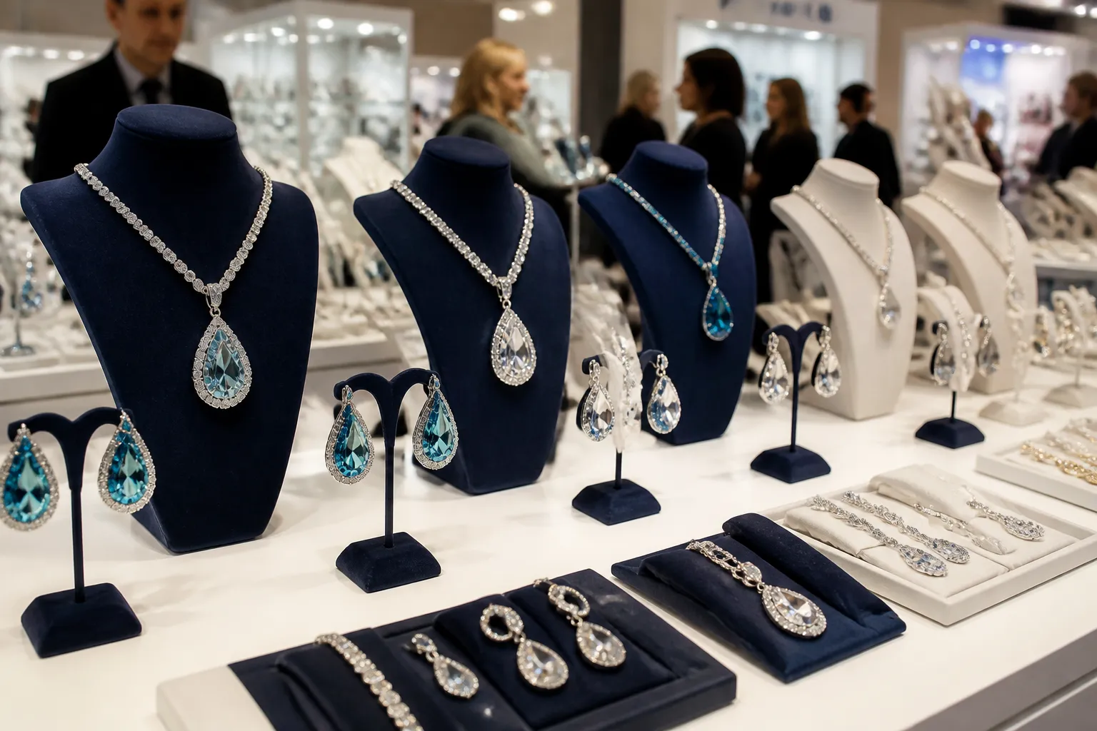 schmuck krone - Übersicht moderner Modeschmuck-Sortimente – Drop-Ohrringe, Kristall-Halsketten und Strass-Sets nebeneinander auf einem weißen Ausstellungstisch, typisch für europäische Großhandelsmessen