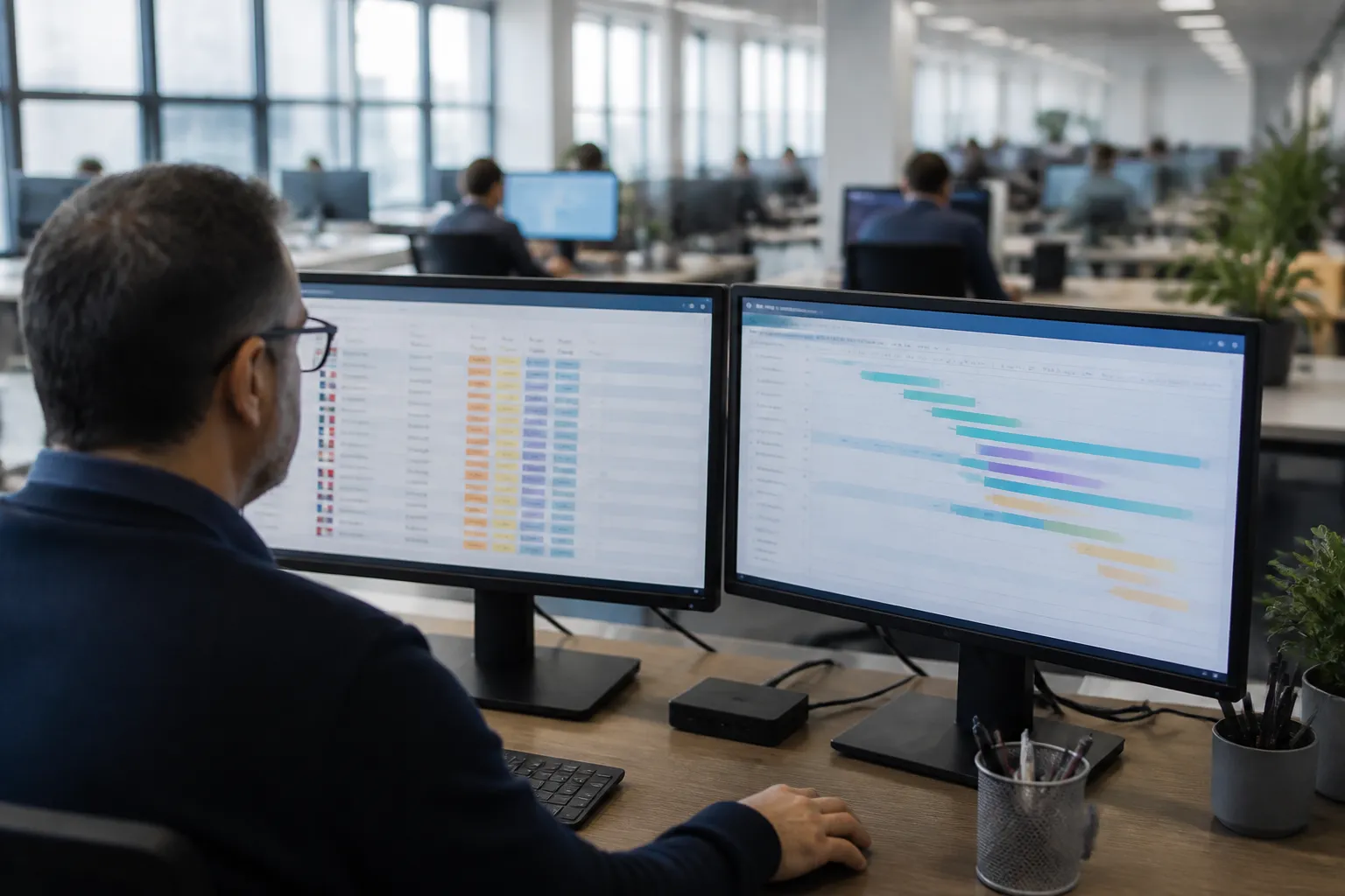 order classification - Photorealistic scene of a factory export manager in a modern office reviewing a dual-monitor setup — one screen showing a multilingual order intake queue with classification tags (Sample / Bulk / ODM / Compliance Flag), the other showing a production schedule updated in real time