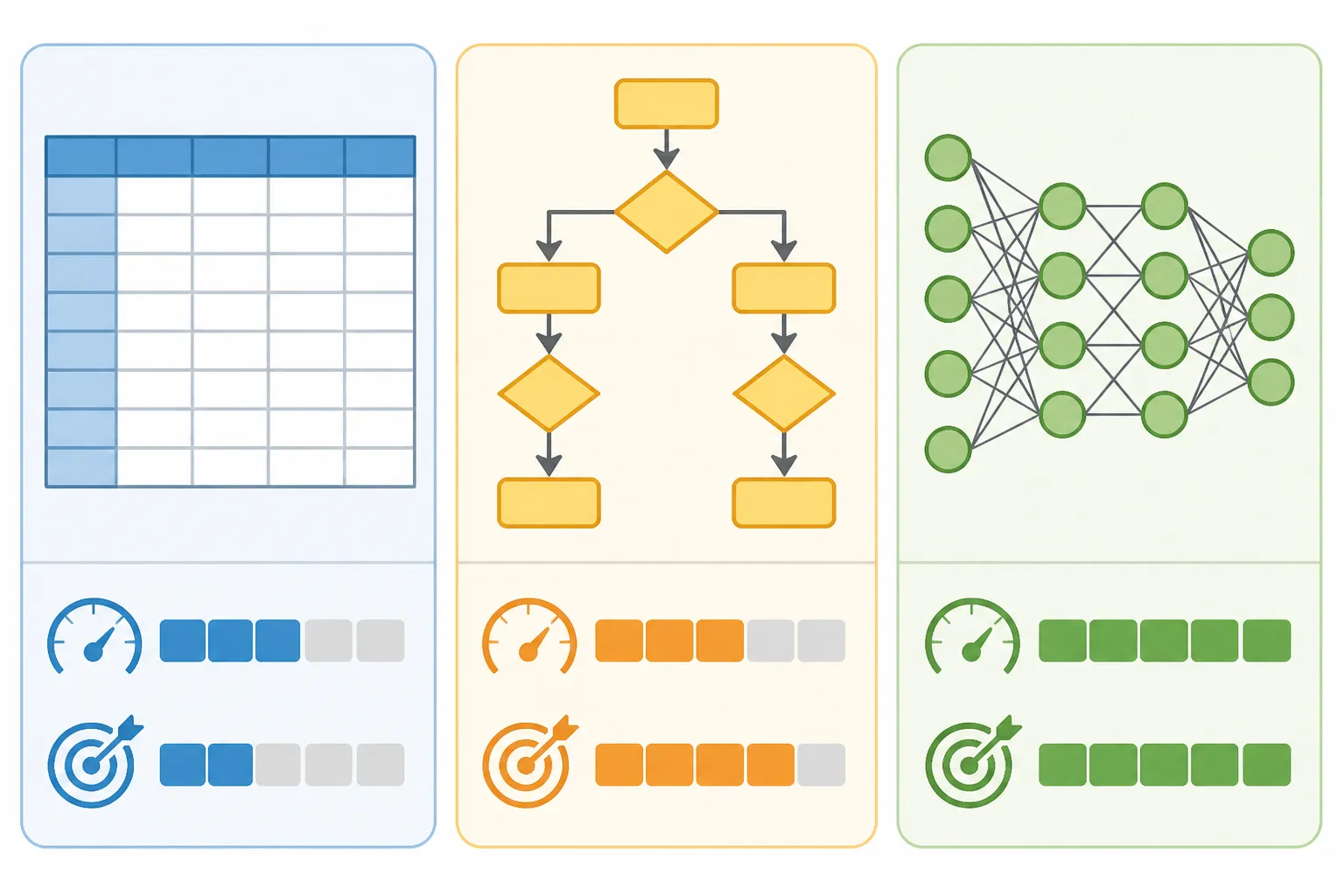order classification - Informational diagram comparing three order classification architectures side by side — manual spreadsheet triage, rule-based tagging system, and AI-native classification with multilingual NLP — showing accuracy rates, speed, and integration depth for each approach in a cross-border trade context