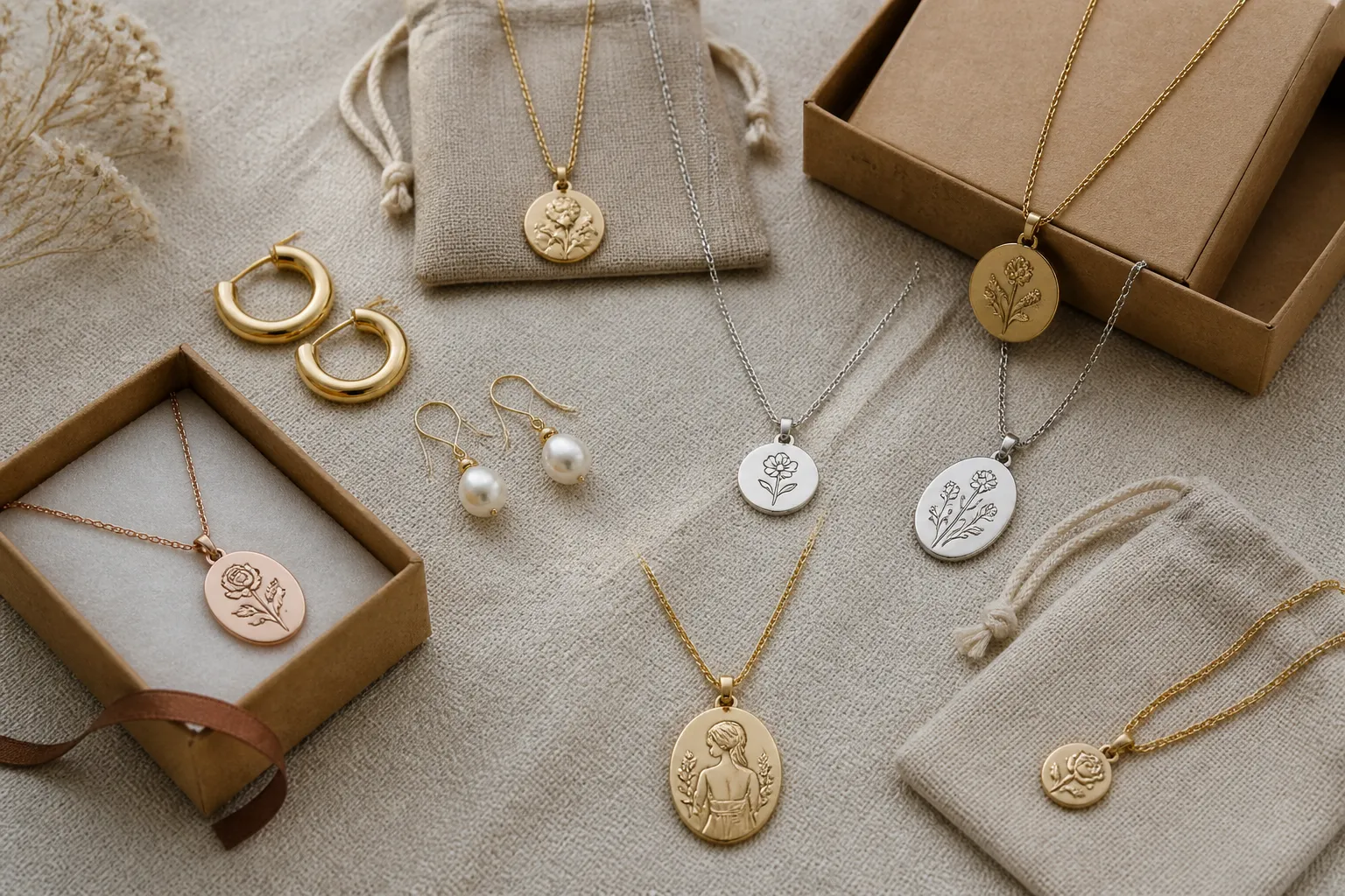personalisierter schmuck - Redaktionelles Produktfoto einer flachen Anordnung von personalisierten Ohrringen, Halsketten und Gravuranhängern auf einem neutralen Hintergrund – einige mit sichtbarer Verpackung und OEM-Branding-Optionen