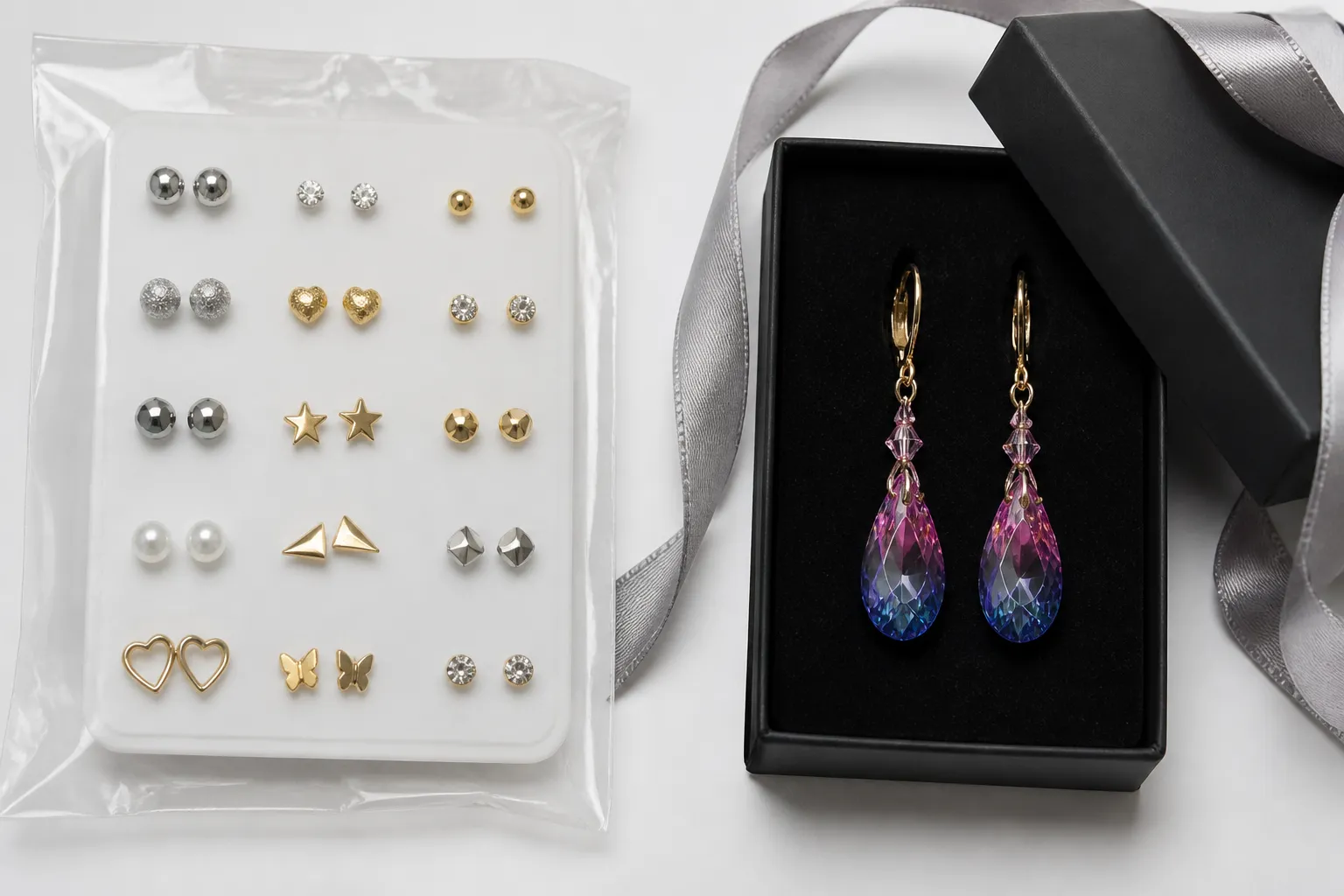 custom jewelry - Side-by-side flat lay comparing a generic wholesale earring set from a stock catalog (left) versus a custom OEM gradient crystal drop earring with private label packaging (right), highlighting visual differentiation
