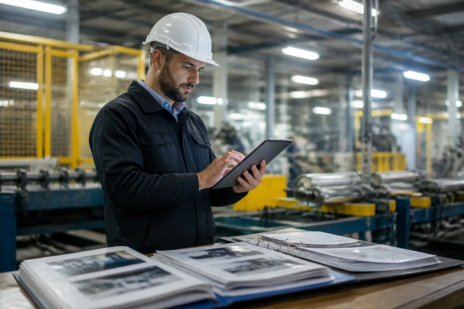 engineering standards - 一名中国工厂质量控制工程师在生产线背景前的平板上审查产品测试报告与ISO规范表的逼真场景