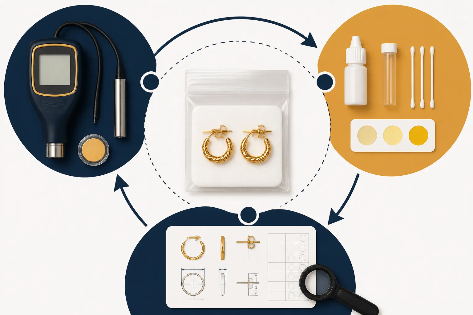 custom jewelry - Annotated diagram showing a B2B jewelry QC checklist — plating thickness gauge reading, nickel swab test kit, and a dimensional inspection card alongside a packaged earring sample, representing pre-shipment quality verification