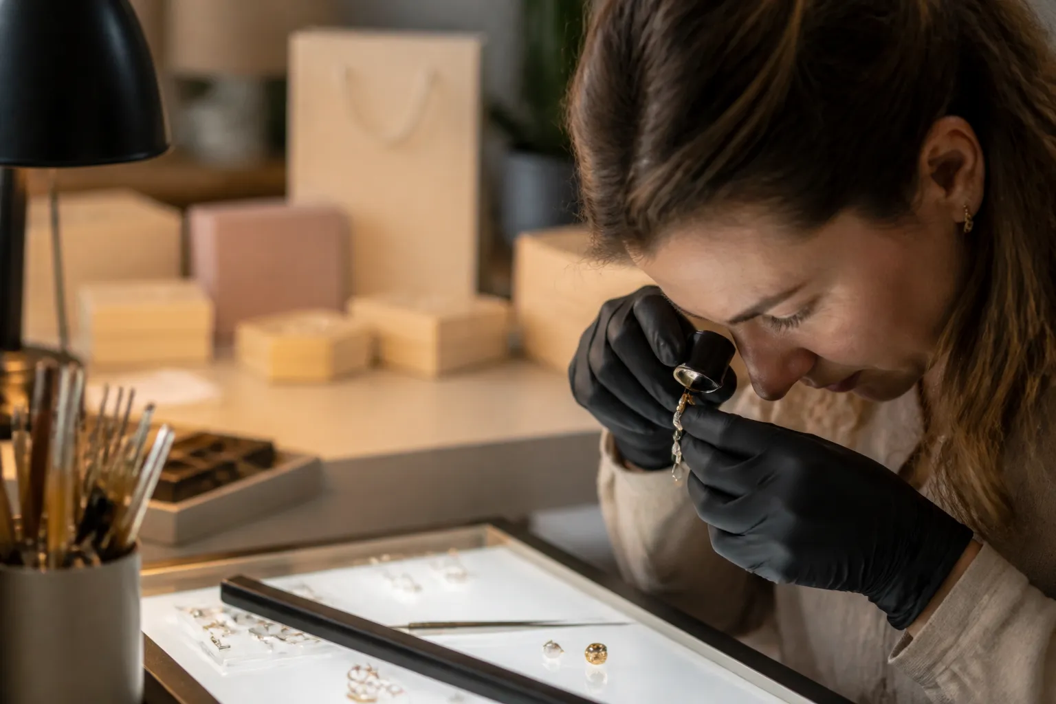 personalisierter schmuck - Nahaufnahme eines Qualitätskontrollprozesses: Eine Person mit Lupe prüft Ohrringe auf einem beleuchteten Arbeitsplatz in einer Schmuckwerkstatt – im Hintergrund sichtbar: Verpackungsmaterial mit Eigenmarkenetikett