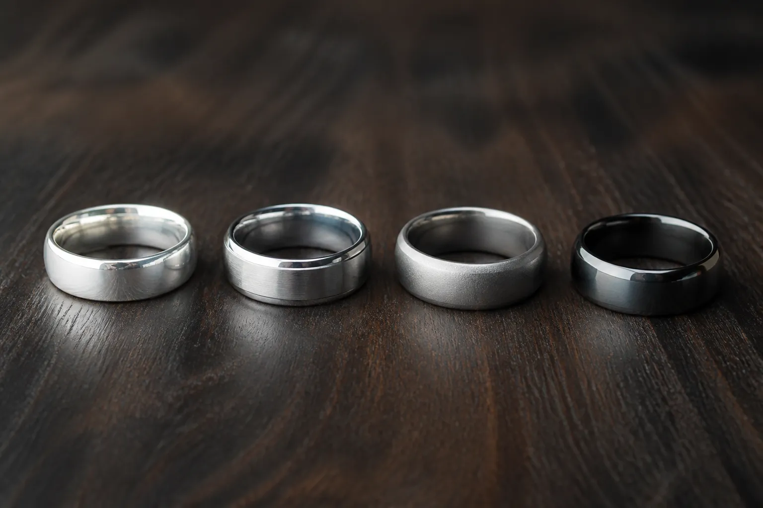 bague homme argent - Comparaison côte à côte de bagues pour homme en différents matériaux — argent massif, acier inoxydable, titane et tungstène — sur fond bois élégant, lumière studio naturelle