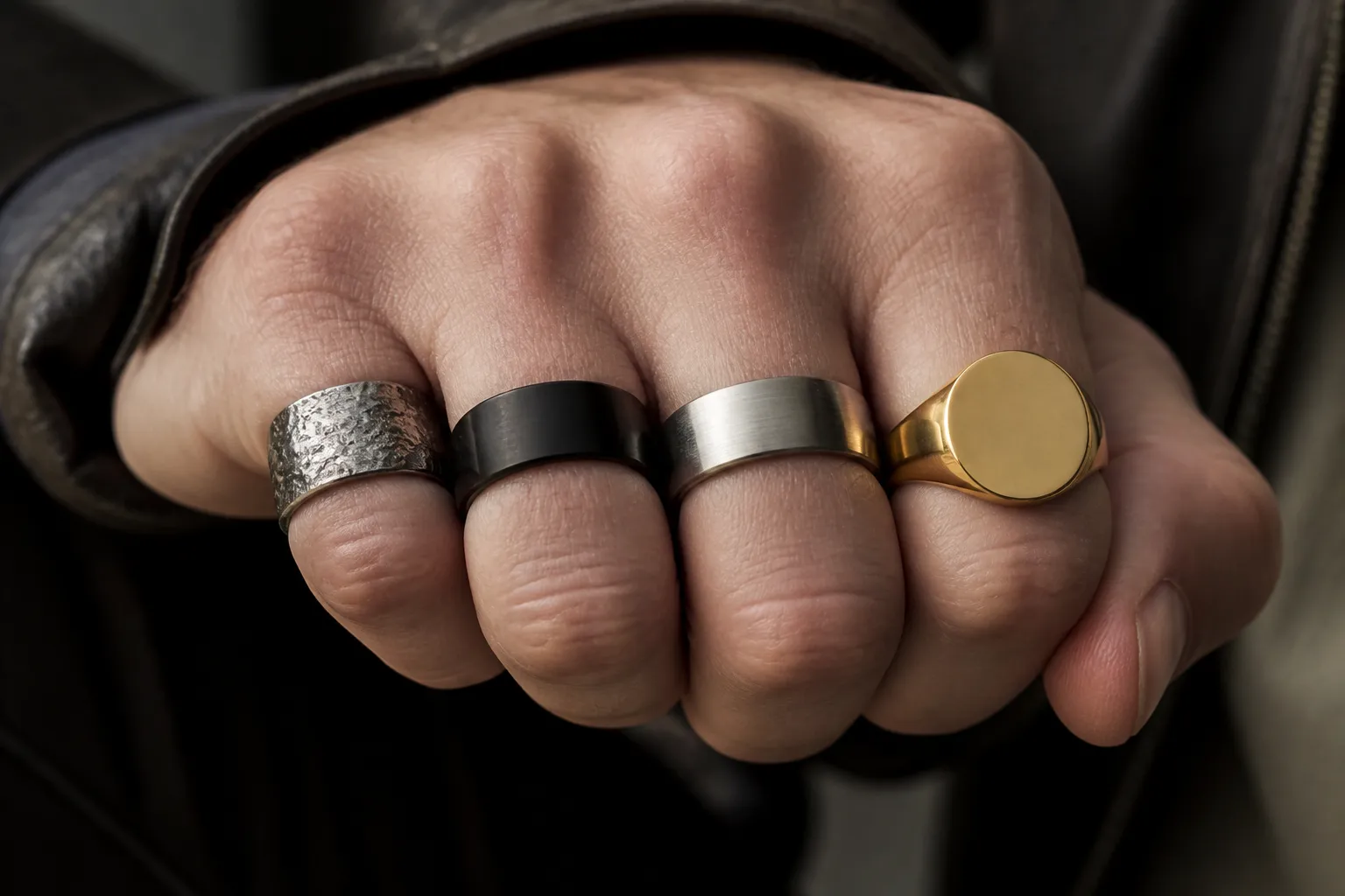 bague homme argent - Photographie éditoriale de quatre bagues homme portées sur une main masculine — de gauche à droite : argent texturé, acier noir, titane brossé et chevalière dorée — style lookbook mode urbaine