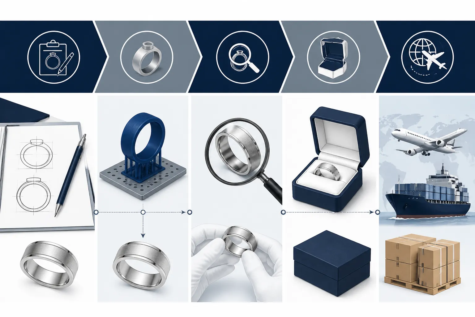 bague homme argent - Schéma annoté du processus de sourcing OEM de bagues pour homme — de la brief design à la livraison finale — avec étapes clés : cahier des charges, prototypage, contrôle qualité, expédition internationale