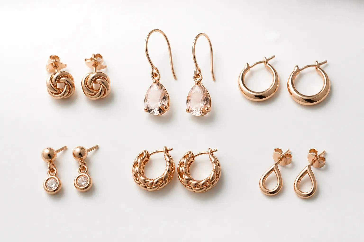 ohrringe roségold - Flachaufsicht auf verschiedene ohrringe roségold Stile nebeneinander – Stecker, Hänger und Creolen in unterschiedlichen Preissegmenten auf weißem Hintergrund