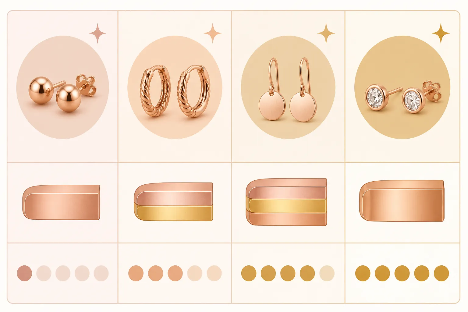 ohrringe roségold - Vergleichstabelle-Infografik zeigt ohrringe roségold verschiedener Preissegmente – vom Modeschmuck bis Edelmetall – mit Materialangabe und Haltbarkeitsbewertung