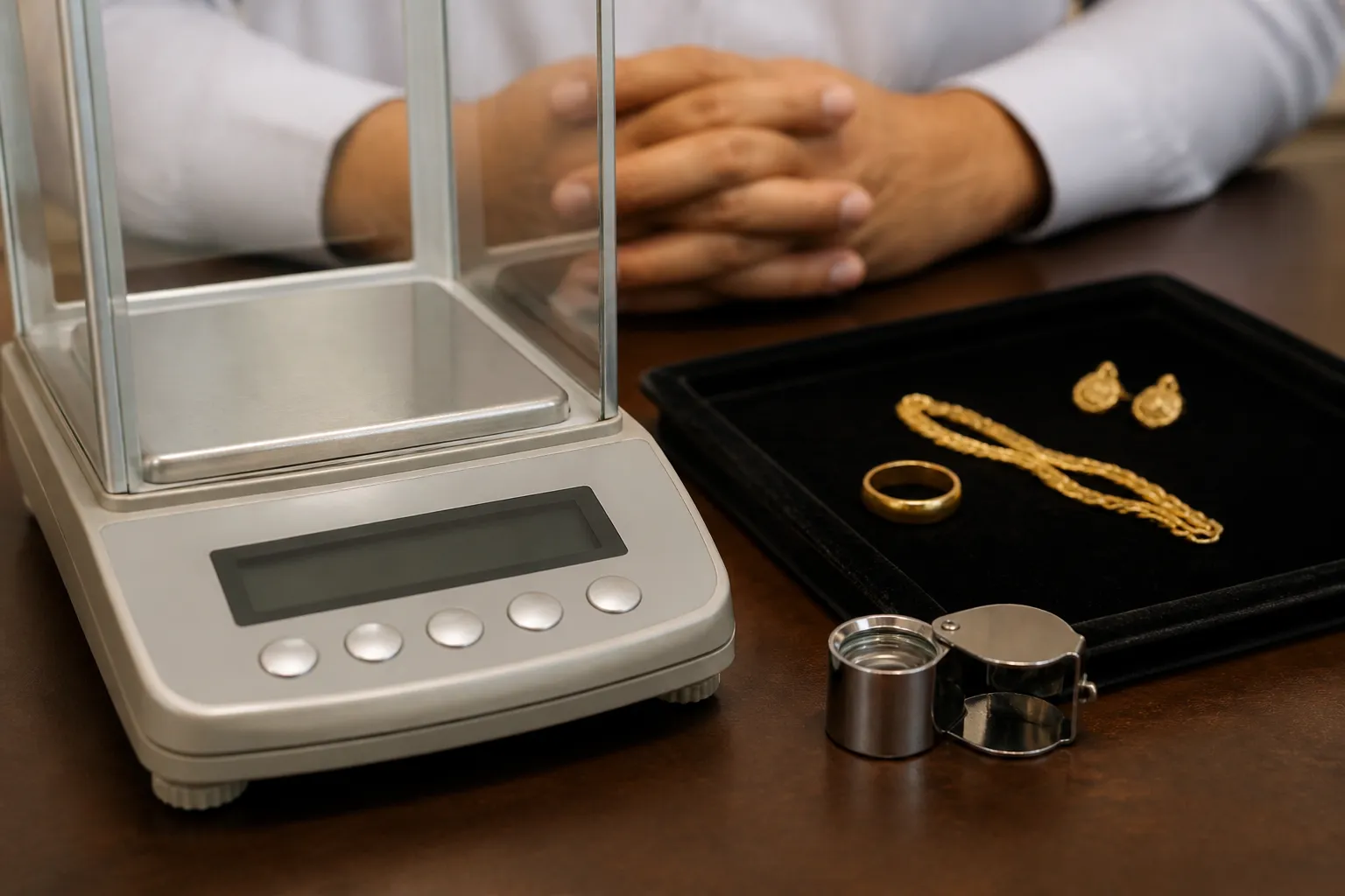 rachat bijoux or - Photo éditoriale d'un comptoir de rachat bijoux or avec balance de précision numérique, loupe de joaillier et plusieurs bijoux — alliance, chaîne, boucles d'oreilles — posés sur un plateau en velours noir, illustrant la procédure d'estimation professionnelle