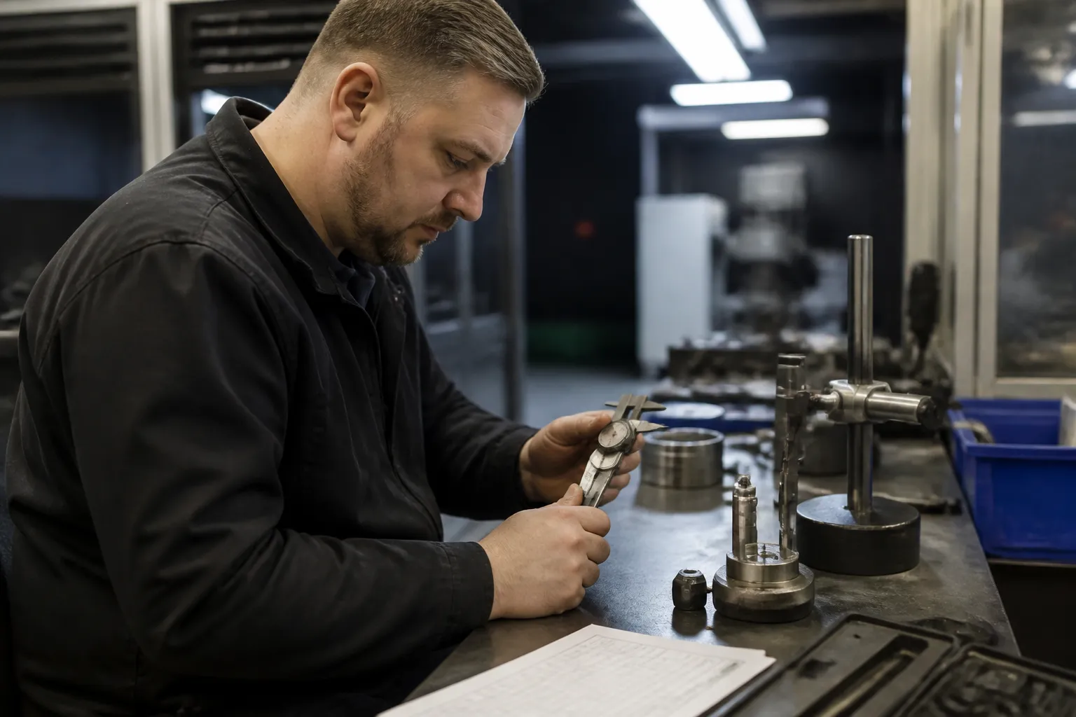 nist standards - Photorealistic documentary photo of a quality control engineer in a well-lit factory inspection bay reviewing a printed NIST calibration checklist beside precision measurement instruments on a steel workbench, shallow depth of field, industrial overhead lighting